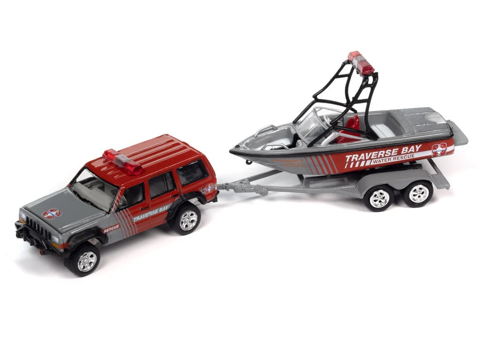 Johnny Lightning 1:64 die cast Jeep Cherokee XJ with Boat and Trailer