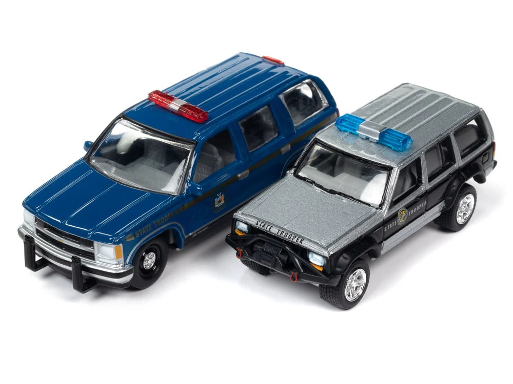 Johnny Lightning 1:64 die cast 1997 Chevy Tahoe and Jeep Cherokee XJ Police Vehicles