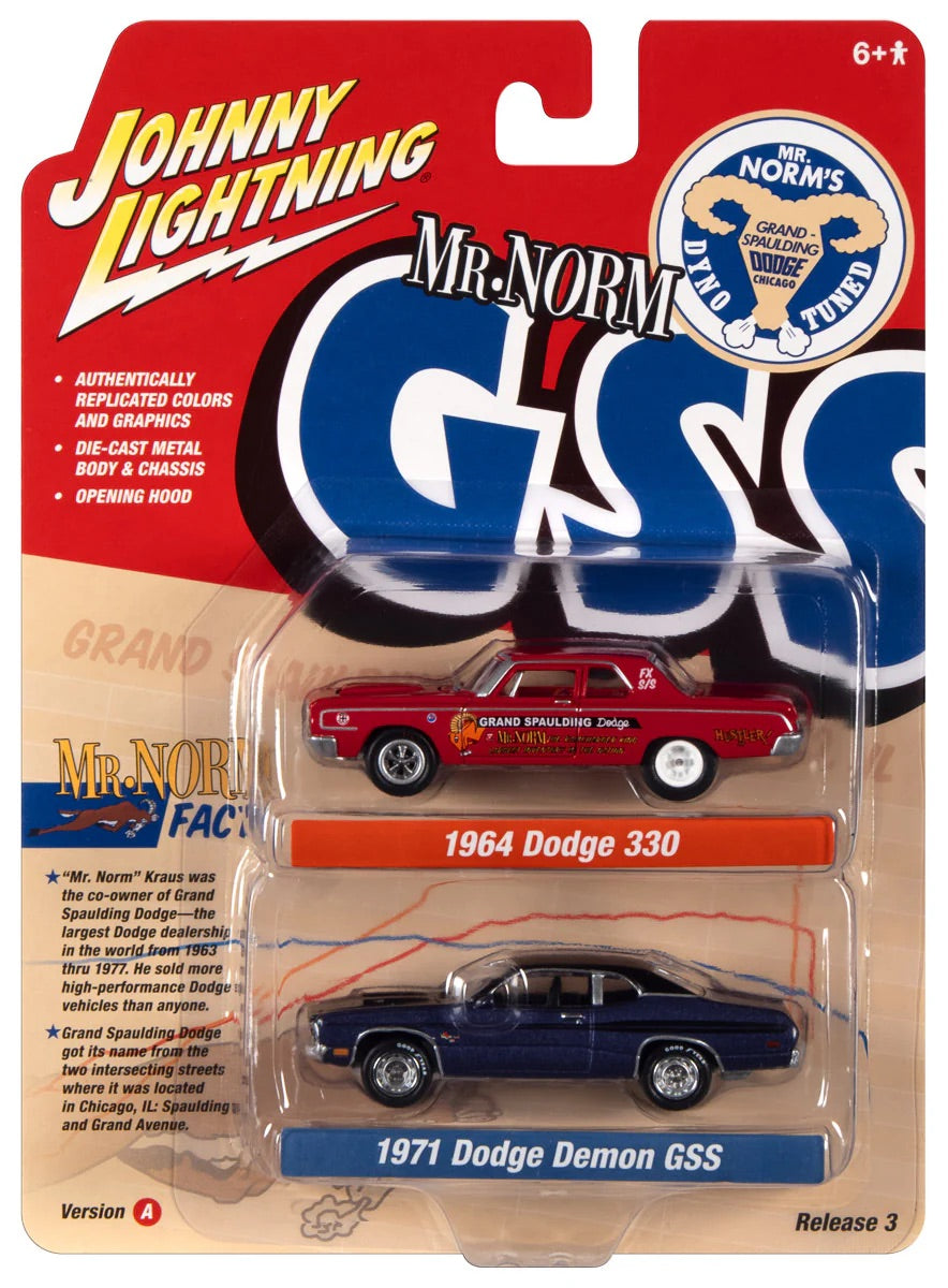 Johnny Lightning 1:64 die cast Mr Norm’s 1964 Dodge 330 and 1971 Dodge Demon GSS