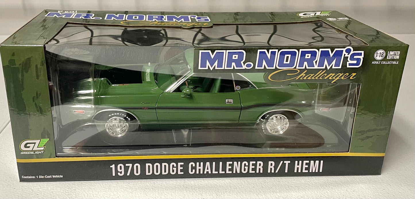 Greenlight 1:18 die cast Mr Norm’s 1970 Dodge Challenger R/T Hemi Green