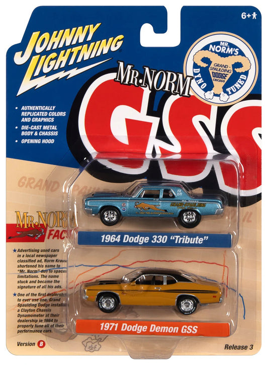 Johnny Lightning 1:64 die cast Mr Norm’s 1964 Dodge 330 and 1971 Dodge Demon GSS