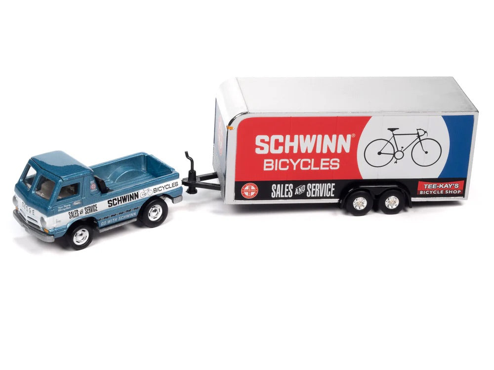 Johnny Lightning 1:64 die cast Schwinn 1965 Dodge A-100 Pickup with Enclosed Trailer