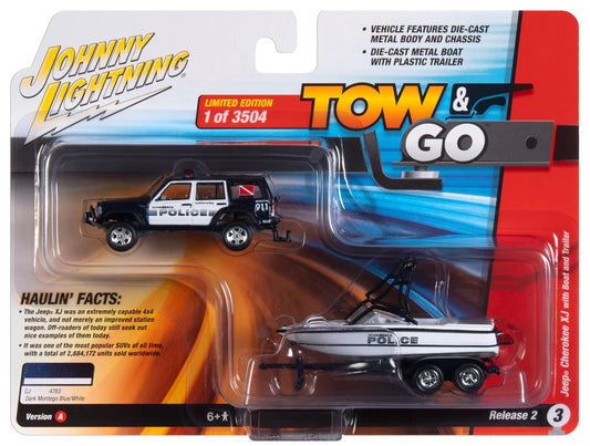 Johnny Lightning 1:64 die cast Police Jeep Cherokee XJ with Boat and Trailer