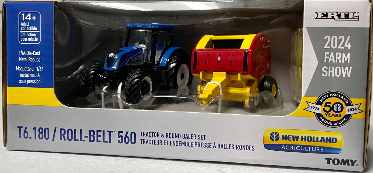 Ertl 1:64 die cast 2024 Toy Show Edition New Holland T6.180 Farm Tractor with Roll-Belt 560 Round Baler