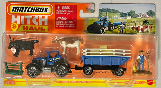 Matchbox Hitch & Haul 1:64 diecast Dirtstroyer with MBX Farm Trailer
