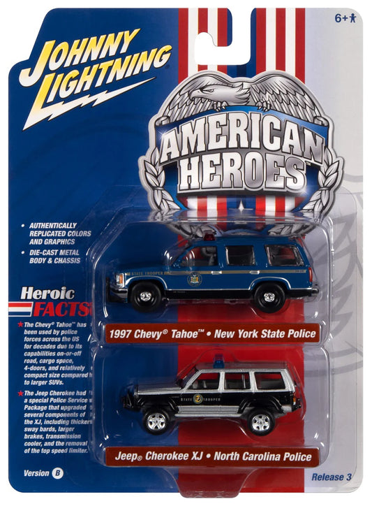 Johnny Lightning 1:64 die cast 1997 Chevy Tahoe and Jeep Cherokee XJ Police Vehicles