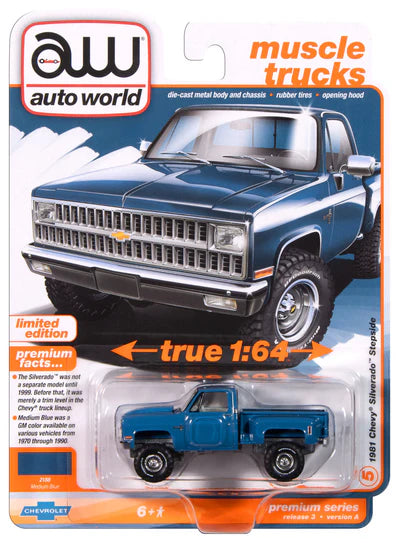 Auto World 1:64 die cast 1981 Chevy Silverado Stepside Custom Blue