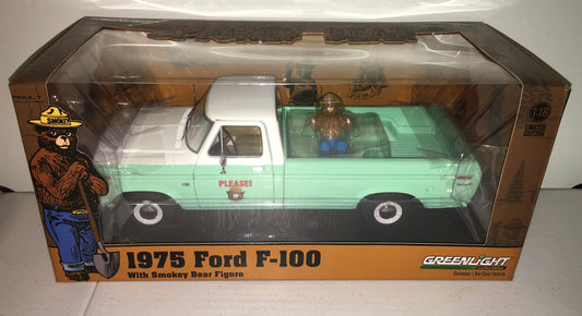 Greenlight 1:18 die cast 1975 Ford F100 with Smokey Bear Figure