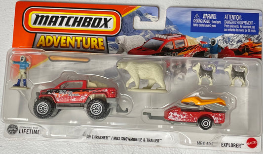 Matchbox Adventure Pack 1:64 die cast Snow Thrasher with MBX Snowmobile and Trailer