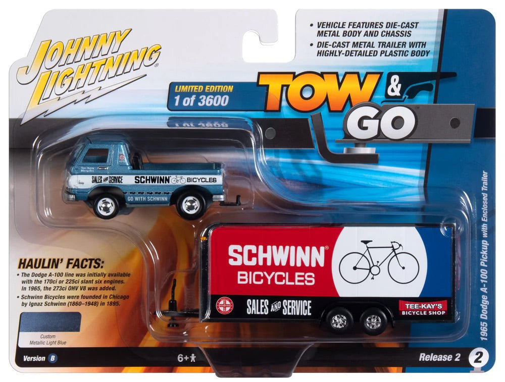 Johnny Lightning 1:64 die cast Schwinn 1965 Dodge A-100 Pickup with Enclosed Trailer