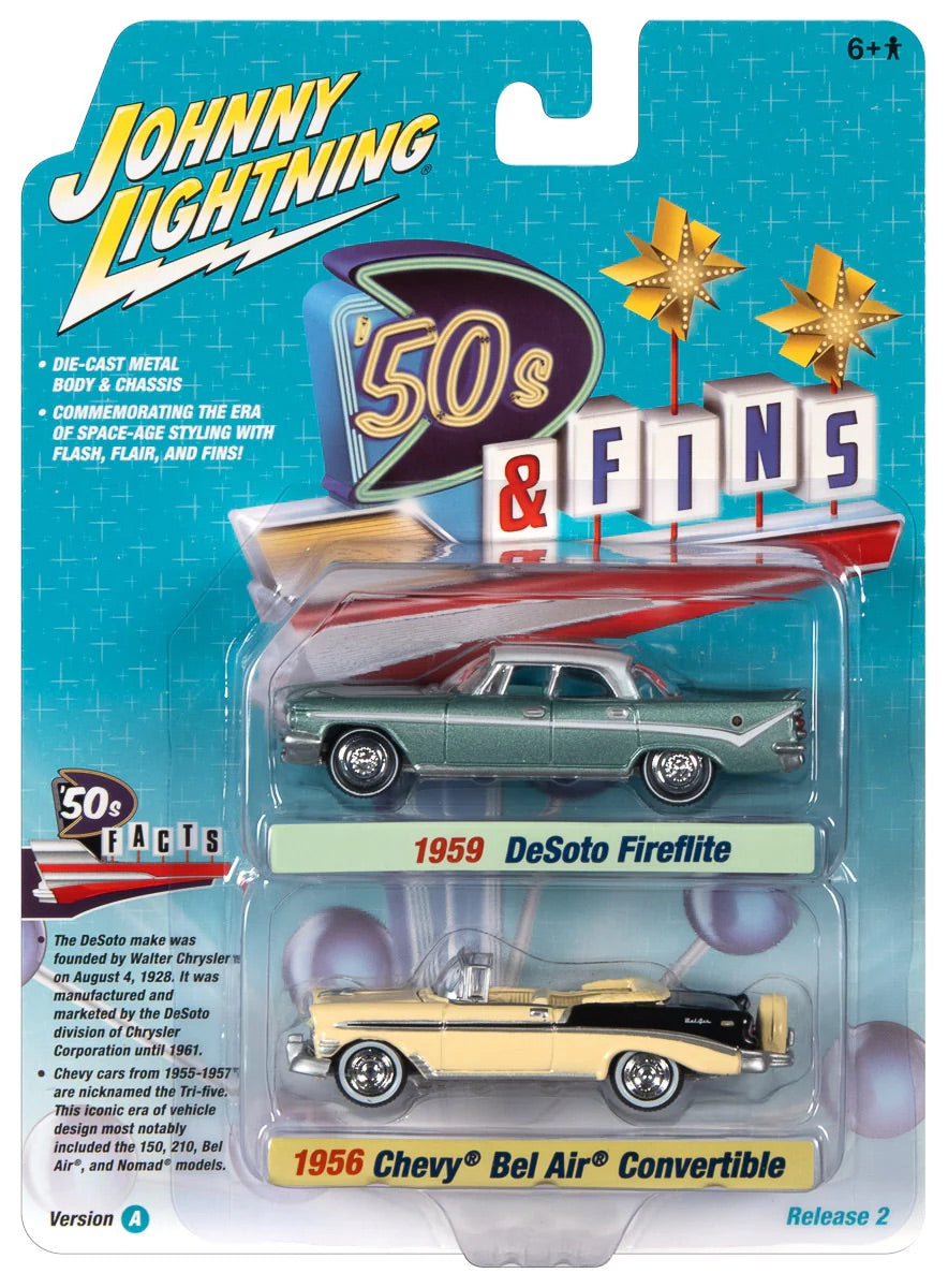 Johnny Lightning 1:64 die cast 1959 DeSoto Fireflite and 1956 Chevy Bel Air Convertible