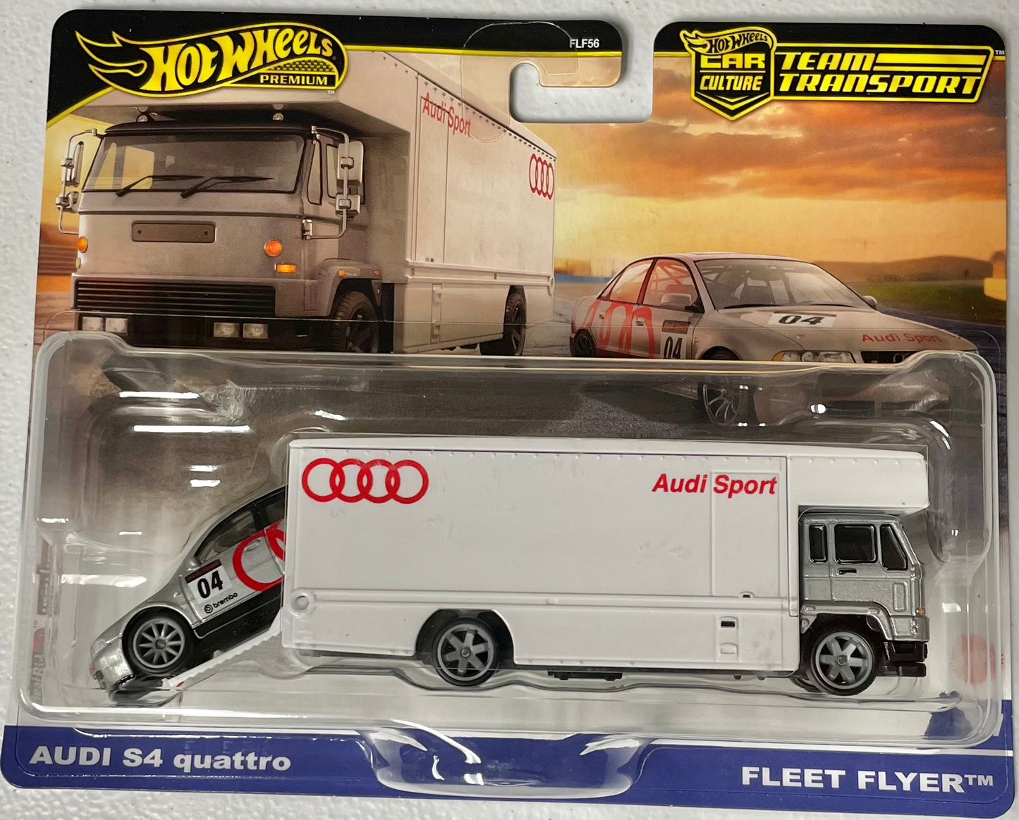 Hot Wheels 1:64 die cast Audi S4 Quattro with Fleet Flyer Truck