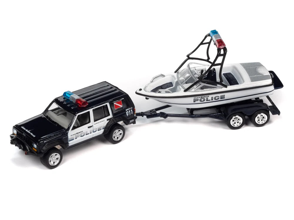 Johnny Lightning 1:64 die cast Police Jeep Cherokee XJ with Boat and Trailer